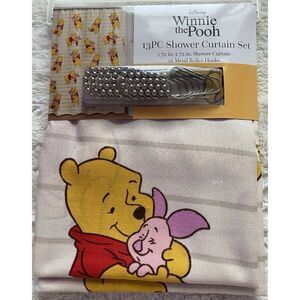 13 Piece Winnie the Pooh Piglet Fabric Shower Curtain Set And Metal Hooks NEW